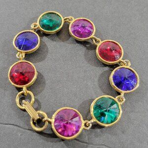Multicolor Crystal Bezel Bracelet Gold Tone 7.5" USA Jewel Tones Bold Gaudy